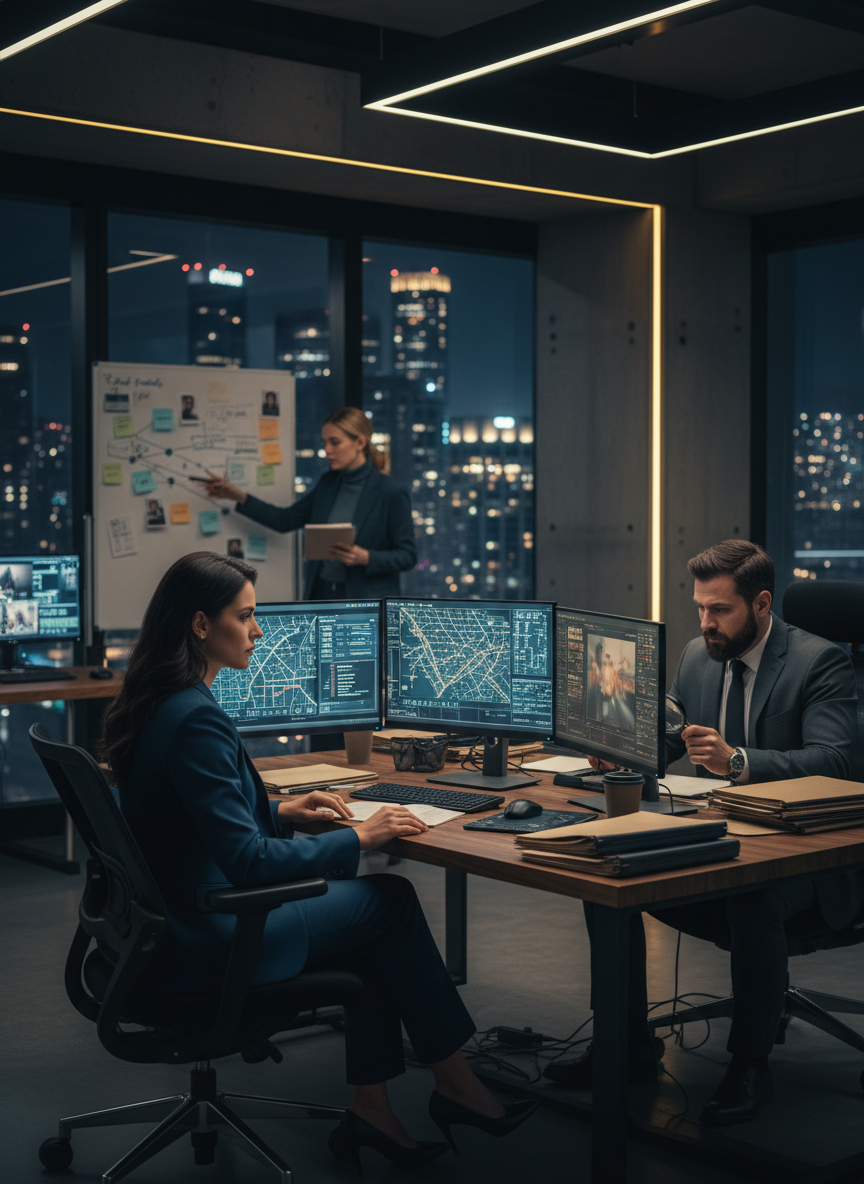 A modern private investigations themed image showing a diverse investigator team engaged in surveillance, research, and investigative work — one person monitoring multiple screens with maps and data, another reviewing case files and photos on a desk, subtle city-at-night background with moody, professional lighting in deep navy and gold accents.